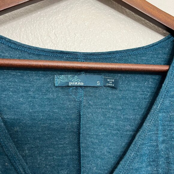 Prana Nadia Faux Wrap Dress Size Small Women's Teal Blue Wool Blend Short Sleeve - Picture 4 of 6